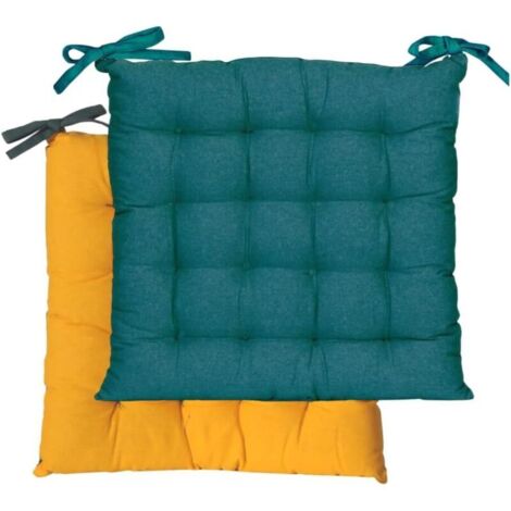Galette de Chaise carrée Bicolore 40x40cm, Bleu Canard/Moutarde