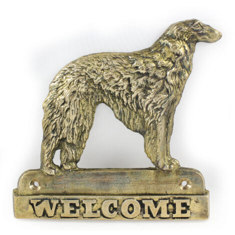 Galgo ruso Borzoi, Borzoi, Barzoi: placa de bienvenida de latón con un perro, placa de bienvenida única con la inscripción Welcome de Art-Dog