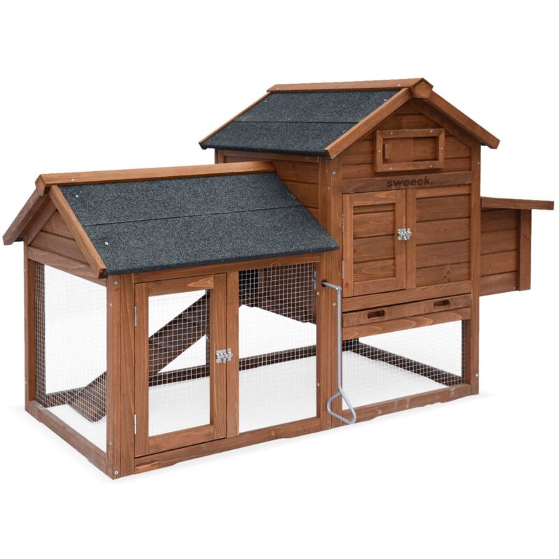 Sweeek - Wooden Chicken Coop For 3 Chickens With Nesting Box, Galinette, Natural, 151x69.5x92.5 Cm