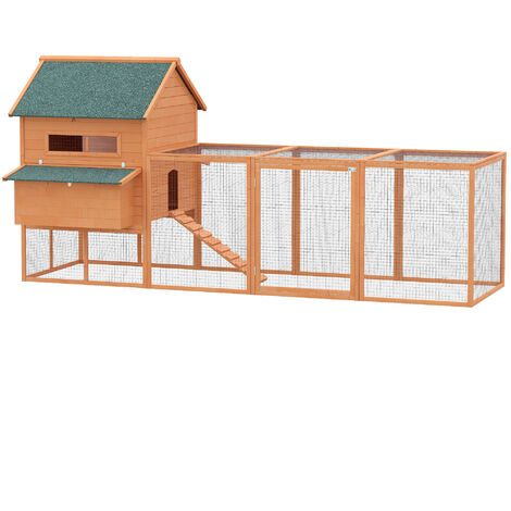Gallinero de Exterior Madera Jaula Grande para 4-6 Gallinas con Recinto Corredor 2 Nidos Techo Asfáltico Bandeja Extraíble y Rampa 347x160x150 cm