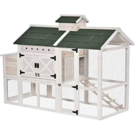 Gallinero Exterior de Madera de Abeto Jaula para Gallinas con Zona Abierta Ponedero Bandeja Extraíble y Techo Abatible 180x80,5x130 cm Blanco y Verde