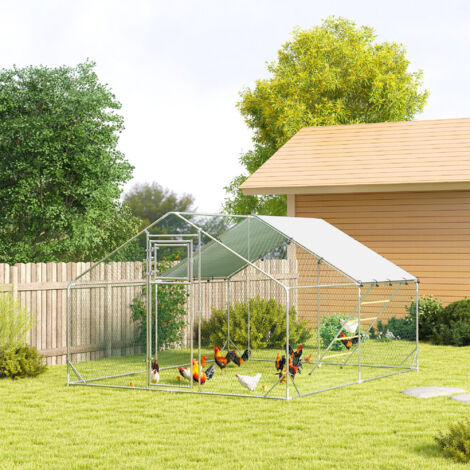 Gallinero Metálico de Exterior de 3x4m con Percha Multiusos Comedero Colgante Tipo Brocheta y Lona Protectora Resistente