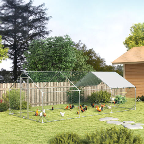 Gallinero Metálico de Exterior de 3x6m con Percha Multiusos Comedero Colgante Tipo Brocheta y Lona Protectora Resistente