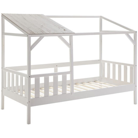 GALOE - Lit Cabane 90x200cm MDF et Pin Coloris Blanc Vieilli