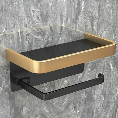 GALOZZOIT Badezimmer-Toilettenpapierhalter ohne Stanzen, Wandaufhänger, Toilettenpapierrolle (doppellagig, Schwarz und Gold)