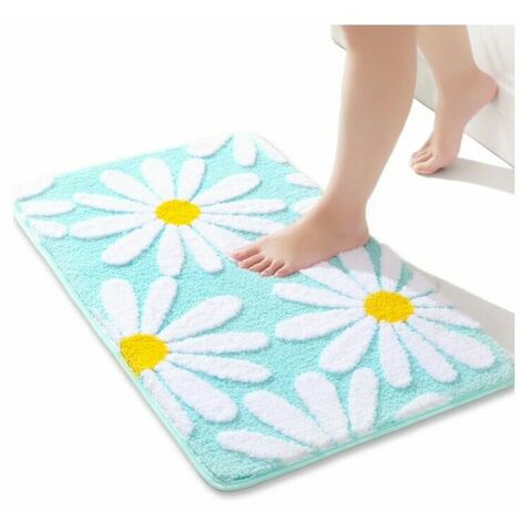 GALOZZOIT Tapis de bain vert Tapis de bain marguerite Tapis décoratif floral Tapis de salle de bain antidérapant en microfibre super absorbant Lavable en machine