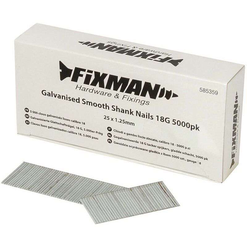 Galvanised Smooth Shank Nails 18G 5000pk 25 x 1.25mm 585359 - Fixman