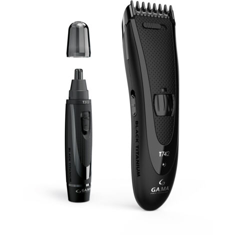 GA.MA Set Black Titanium T744: Tagliacapelli e Trimmer da Viaggio per Naso e Orecchio con Lama in Titanio, Precisione da 0,8 a 14,5 mm, Lame in Acciaio Inossidabile Rivestite in Titanio, Ricarica USB,