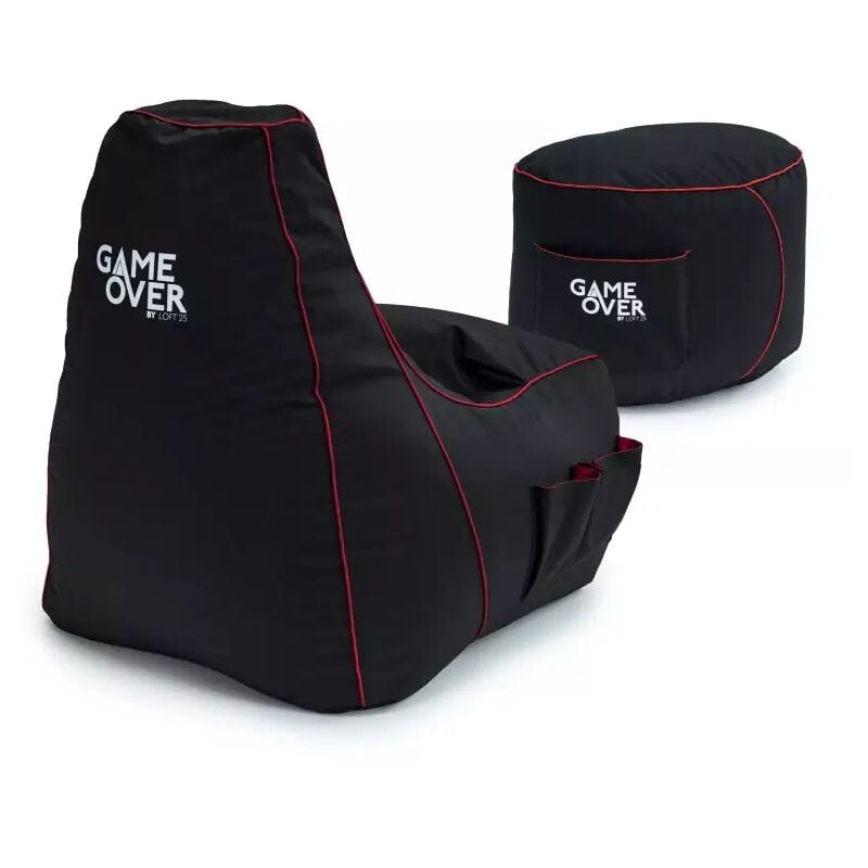 Game Over - Pouf de jeu avec repose-pieds, pouf d'intérieur et repose-pieds, pouf résistant à l'eau pour adultes avec poches latérales - Écarlate