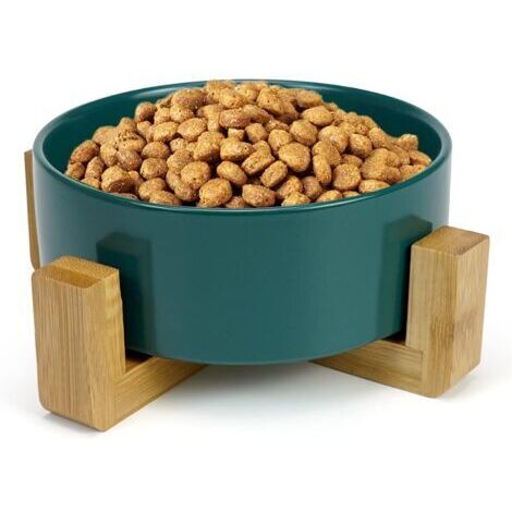 Gamelle Chat Céramique Aime Ecuelle Antidérapant Bol avec Support en Bambou pour Chien et Chat 400ML, Vert