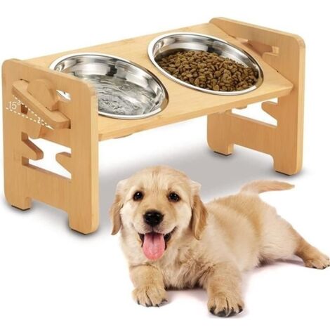 Gamelle Chat Chien Surélevée Bols Double en Inox - Support en Bambou Réglable en Hauteur