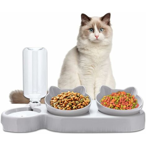 Gamelle Chat Double Sur¨lev¨e, Distributeur Croquettes et Eau pour Chats et Chiens Automatique, Inclinable ¨¤ 15¡ã Protection du Cou, Anti-Vomissement, pour Petits Animaux(Gris)