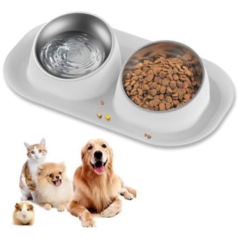Gamelle chat, Gamelle double chien chat, Acier Inoxydable, Antidérapant -éviter les fuites de nourriture, pour Chats et Chiots -Gris