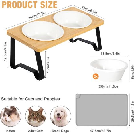 Gamelle Chat Surélevée, 2 Bols Chat Ceramique de Nourriture pour Chats et Petits Chiens avec Support 15° Incliné mit Tapis