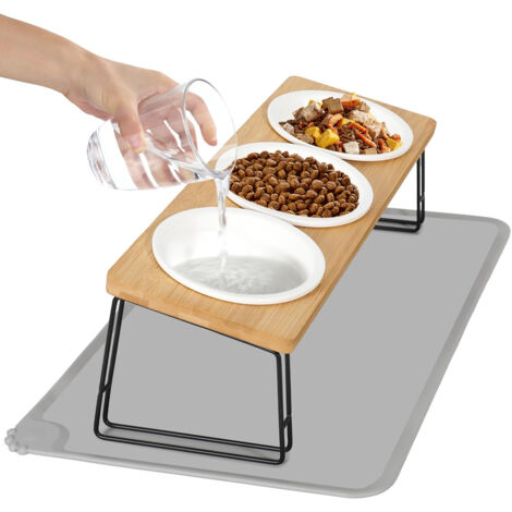 Gamelle Chat Surélevée, 3 Bols Chat Ceramique de Nourriture pour Chats et Petits Chiens avec Support 15° Incliné mit Tapis