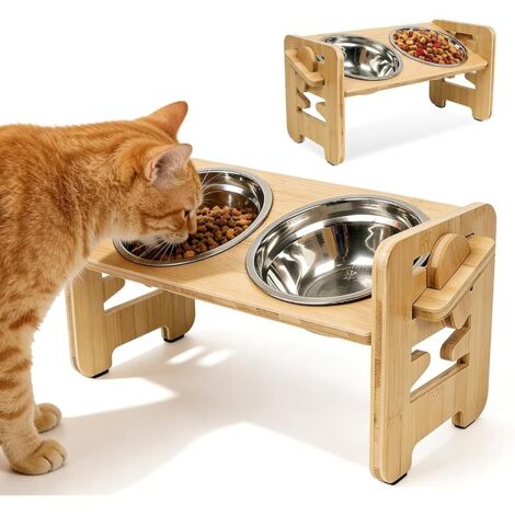 Gamelle Chat Surélevée avec Support en Bois, Double Gamelle pour Chat et Petit Chien, Gamelles Élevée Réglable avec 2 Bols en Acier Inoxydable, Station d’Alimentation Antidérapante