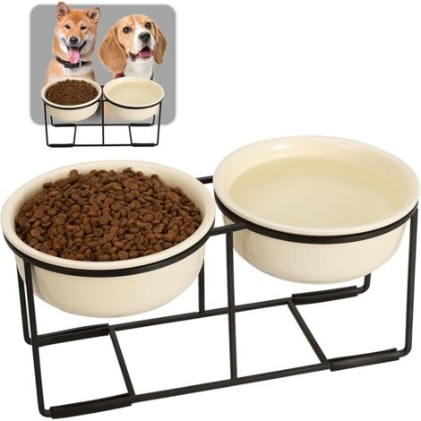 Gamelle Chien Surélevée Ceramique Double - Lot de Bol Chien avec Support en Métal Antidérapant - Gamelles Chiens Hautes pour Nourriture et Eau - Adapté aux Petits et Moyens Chiens - 2 x 800 ml - Beige