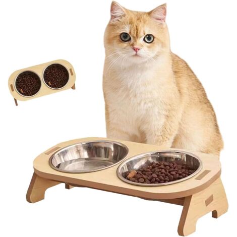 Gamelle Double Bol INOX sur Support Bambou - Mangeoire/Abreuvoir Surélevée Antidérapante pour Chat/Chien/Lapin