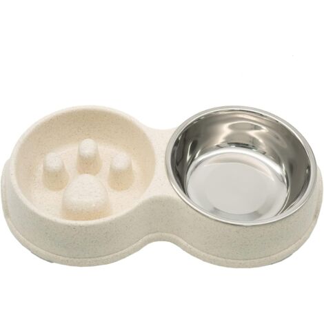 Gamelle Double Chat/Chiot à Alimentation Lente - Interactive avec Bol Inox Amovible, Fond Antidérapant (Blanc)