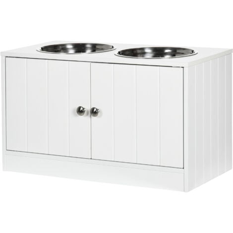 Gamelle double chien chat - porte-gamelles surélevé armoire 2 en 1 - 2 portes, 2 gamelles - acier inox. MDF blanc