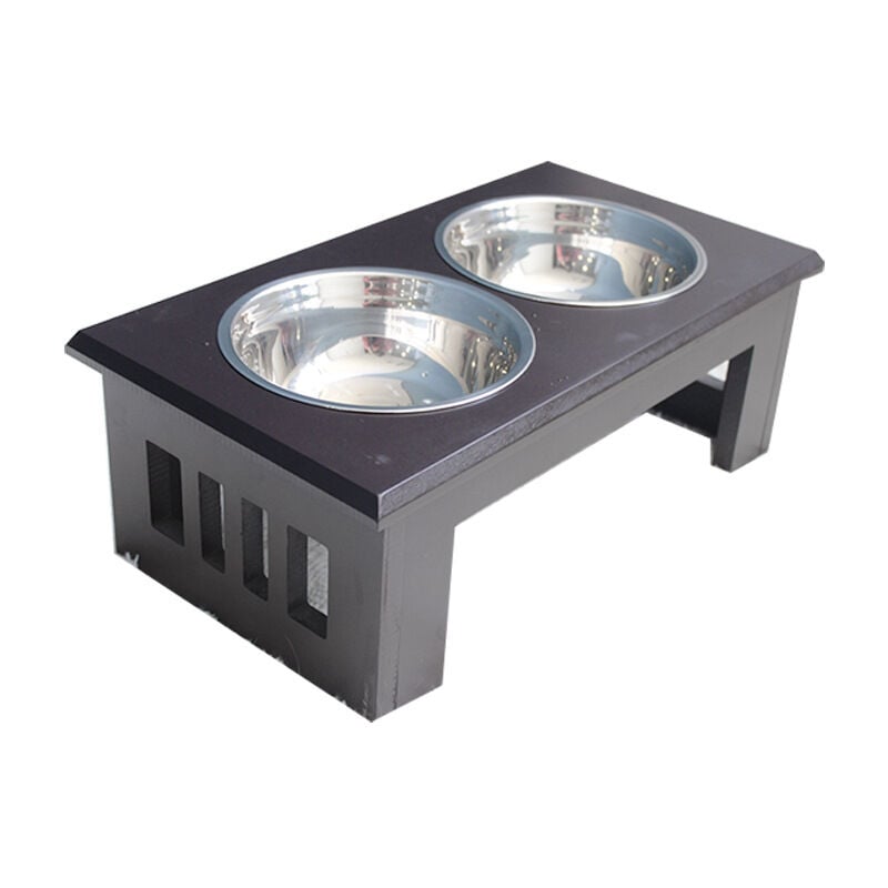 Gamelle double chien chat Porte-gamelles surélevé dim. 44L x 24l x 15H cm 2 gamelles acier inox. couleur acajou