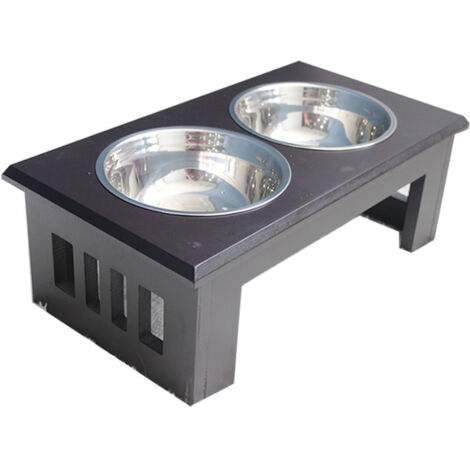 Gamelle double chien chat Porte-gamelles surélevé dim. 44L x 24l x 15H cm 2 gamelles acier inox. couleur acajou