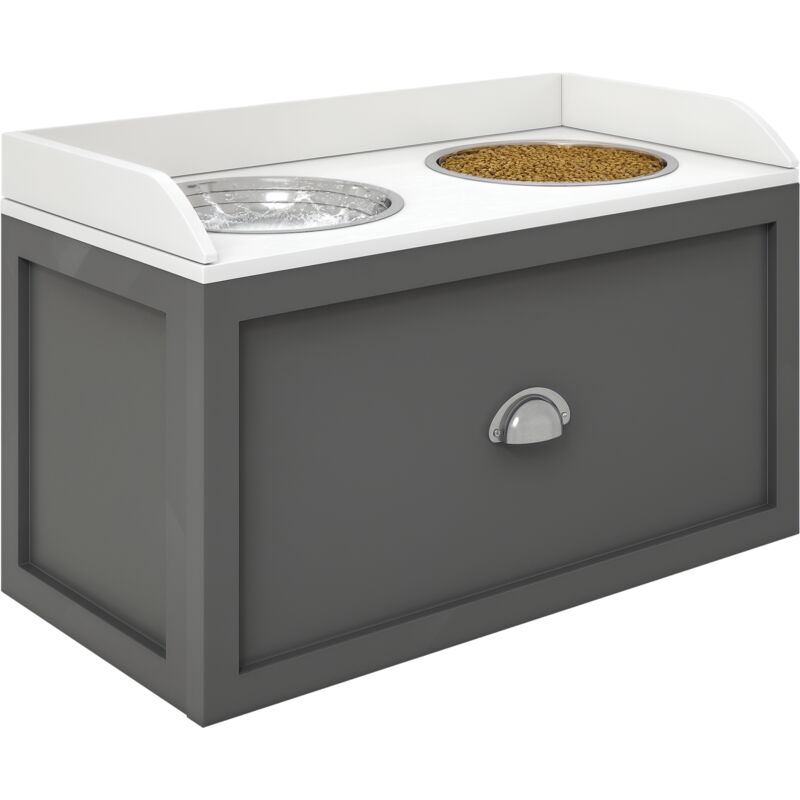 Pawhut - Gamelle double chien chat - porte-gamelles surélevé rangement 2 en 1 - tiroir, 2 gamelles - acier inox. mdf gris blanc