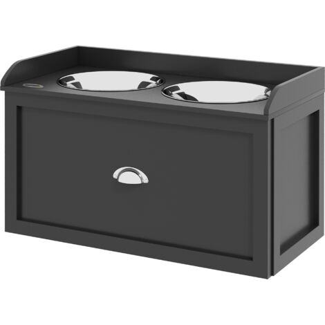 Gamelle double chien chat surélevée avec tiroir de rangement 2 en 1, bols en acier inoxydable, plateau MDF noir