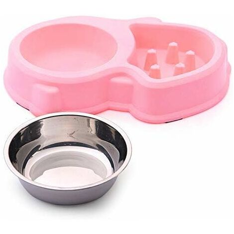 Gamelle Double de Ecuelle Eau et Nourriture 1 Bols en INOX et 1 Gamelle Anti Glouton pour Chat et Petit Chien(Rose)