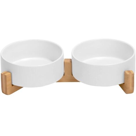 Gamelle Double en céramique avec Support en Bambou pour Chat et Chien (400ml, Blanc)