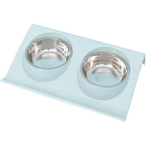 Gamelle double pour chat en acier inoxydable - Grande gamelle inclinée anti-éclaboussures - Bleue