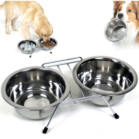 Gamelle Double Pour Chien 16 Cm Avec Support Nourriture Eau Biscuits Acier
