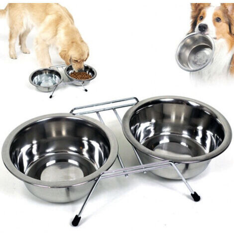 Gamelle Double Pour Chien 16 Cm Avec Support Nourriture Eau Biscuits Acier