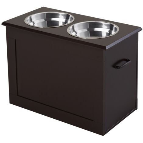 Gamelle et écuelle chien/chat avec rangement, 2 bols acier inoxydable, meuble MDF espresso 60x30x41 cm