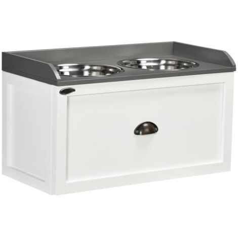Gamelle et écuelle pour chat et chien surélevée 2x2L avec tiroir de rangement, bols en acier inoxydable, station d'alimentation design et pratique, couleur blanc