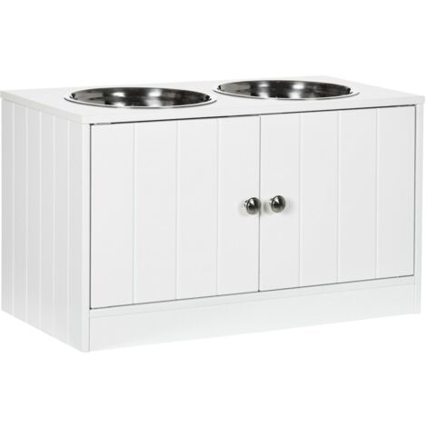 Gamelle et écuelle pour chien - Station repas surélevée avec 2 bols acier inoxydable et rangement 44L à portes magnétiques blanc