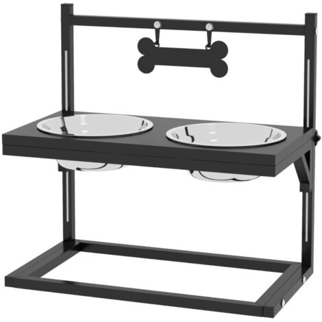 Gamelle et écuelle pour chien surélevée - Acier inoxydable - Modèle 40,5 x 22 x 39 cm - Noir et argent