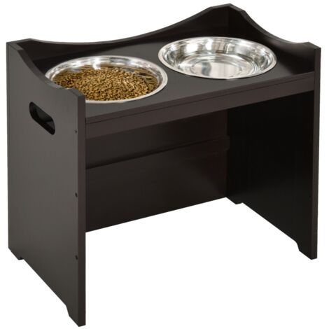 Gamelle et écuelle réglable en hauteur pour chien et chat avec support MDF et bol inox couleur marron foncé dimensions 54x31 5x47cm