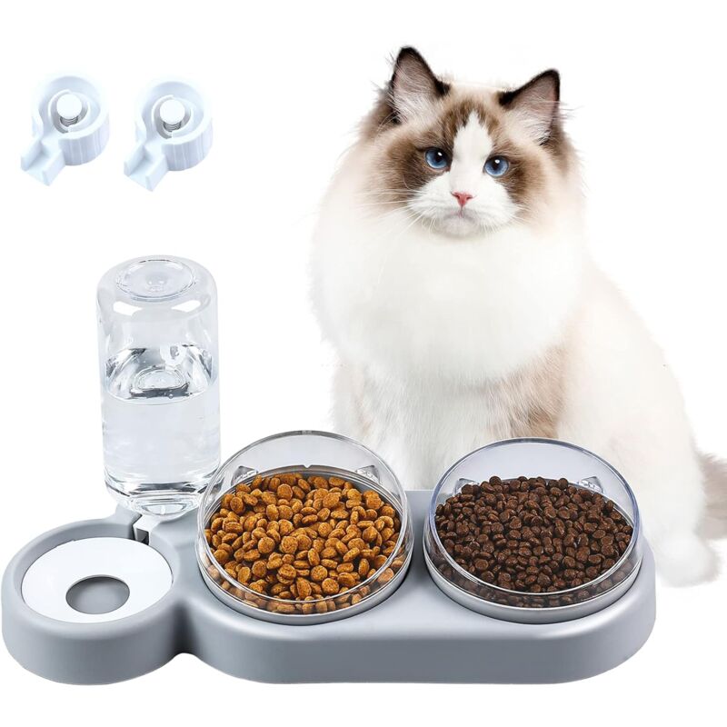 Gamelle pour chat, gamelle pour chat inclinable à 15°, 3 en 1 avec stockage d'eau automatique, adaptée aux chats et chiots (gris)