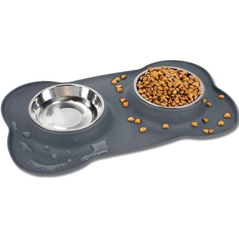 Gamelle pour chien, double gamelle en acier inoxydable avec base antidérapante en silicone, tapis d'alimentation pliable en silicone imperméable et résistant aux éclaboussures pour chatons