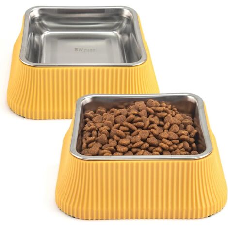 Gamelle pour Chien, Station d’Alimentation pour Chien, Gamelle en Acier Inoxydable avec Tapis Antidérapant et Base Élargie, Gamelle pour Chien et Chat et Gamelle d’Eau (550 ml x 2, Jaune)