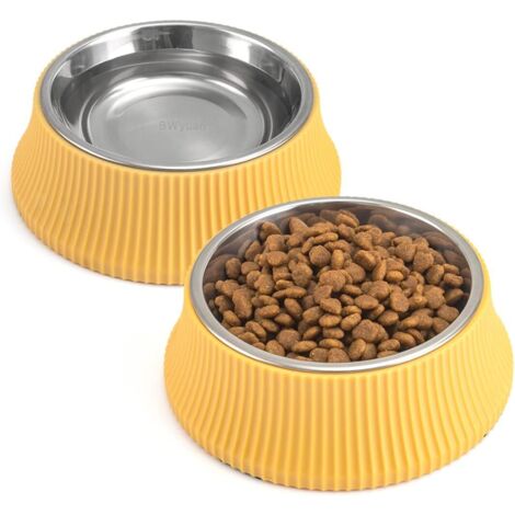 Gamelle pour Petits Chiens en Acier Inoxydable avec Tapis Antidérapant et Fond Élargi, Compatible avec Chiens et Chats (400 ml x 2, Jaune)