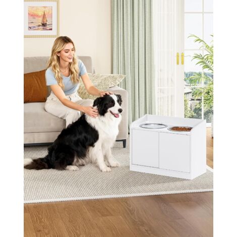 Gamelle Surélevée avec Rangement à Porte Coulissante, 2 Gamelles de 2 litres en Acier Inoxydable, Hauteur 46 cm, Station d'alimentation pour Chiens Moyens à Grands, Blanc Mat