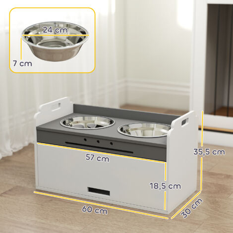 Gamelle surélevée pour chien avec compartiment de rangement, 2 gamelles avec anneaux antidérapants, 60 x 30 x 35,5 cm, blanche