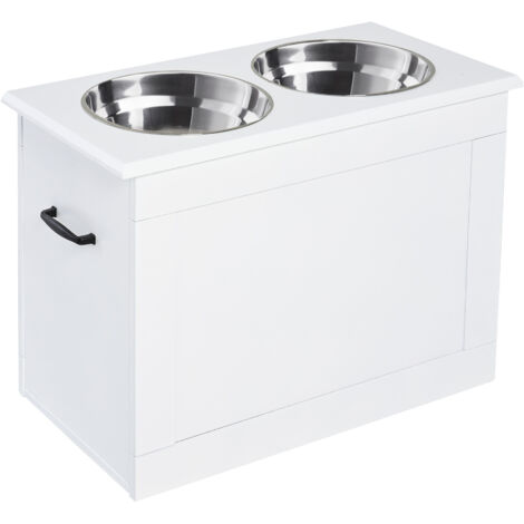 Gamelle surélevée pour chien, gamelle avec espace de rangement, gamelle d'eau, 2 gamelles de 2 litres en acier inoxydable, gamelles pour chien, station d'alimentation pour chiens et chats, blanc