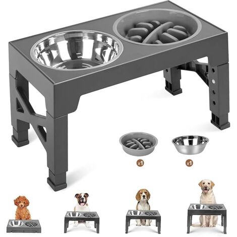 Gamelle surélevée pour Chien réglable en 4 hauteurs, 1 Bols en Acier Inoxydable + Distributeur Lent, Antidérapant Pliable, pour Petits, Moyens et Grands Chiens