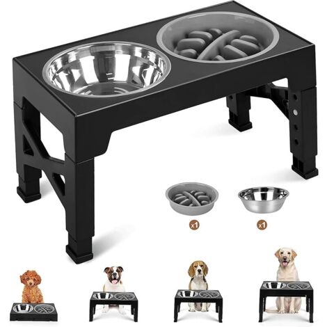 Gamelle surélevée pour Chien réglable en 4 hauteurs, 1 Bols en Acier Inoxydable + Distributeur Lent, Antidérapant Pliable, pour Petits, Moyens et Grands Chiens