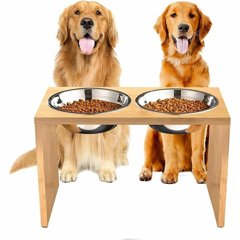 Monly - Gamelle Surélevée pour Chien et Chat, Wood Chien Porte Gamelle, 2 Acier inox Bols Doubles pour Animaux de Compagnie, Support d'alimentation