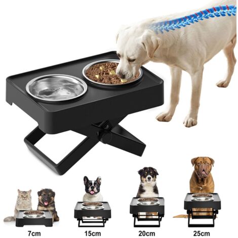 Gamelles double Chat Chien - 2 gamelles en acier inoxydable - gamelles relevables pour animaux de compagnie - noir