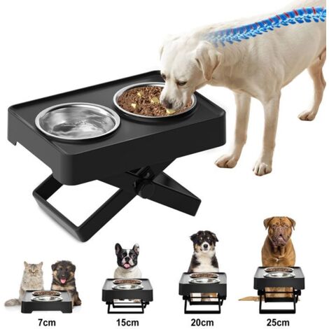 Gamelles double Chat Chien - 2 gamelles en acier inoxydable - gamelles relevables pour animaux de compagnie - noir
